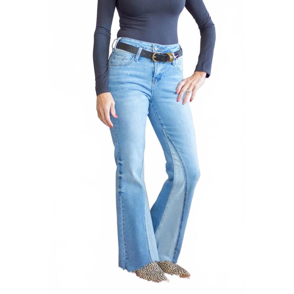 NEW BAYEAS high rise flare with raw hem jean in light wash